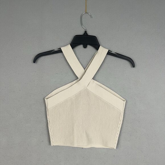 Aritzia Babaton Top Women Medium Tan Sculpt Knit Criss Cross Cropped Tank Halter - Picture 7 of 12